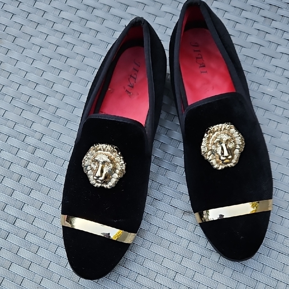 Jitai Men's Velvet Penny Slip-On Leather Lined Black Loafers  Gold Detailing